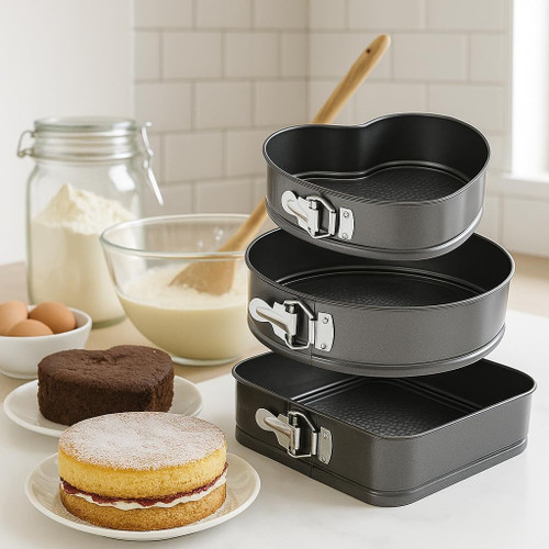 Set of 3 Springform Cake Tins Non-Stick Bakeware Set (Heart, Round and Square)