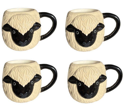 Set of 4 Large 3D Sheep Ceramic Coffee Mugs Black and White