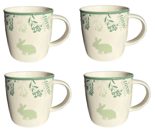 Set of 4 Cute Bunny Rabbit Ceramic Coffee Mugs in Cream and Jade Flower Design