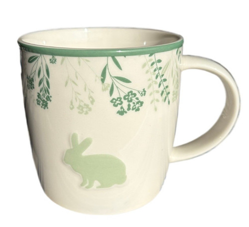 Set of 4 Cute Bunny Rabbit Ceramic Coffee Mugs in Cream and Jade Flower Design