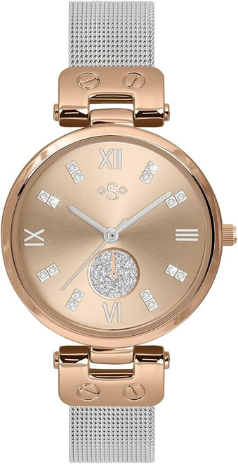 Ladies Silver Stainless Steel and Rose Gold Mesh Bracelet Watch