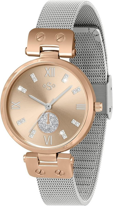 Ladies Silver Stainless Steel and Rose Gold Mesh Bracelet Watch