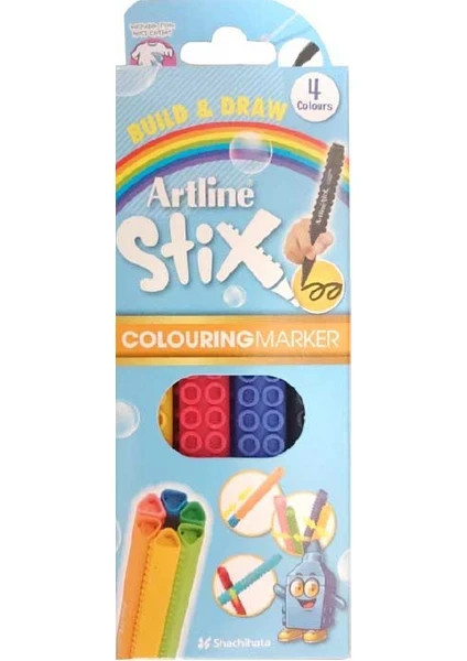 Artline Stix 4 Pack of Colouring Marker Pen Black, Red, Blue and Yellow