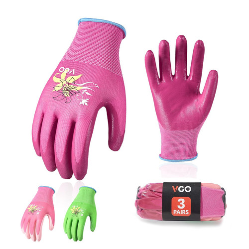 3 Pairs Garden and Work Gloves for Women Rubber Coating Pink, Green, Purple