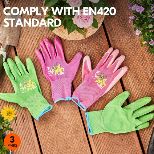 3 Pairs Garden and Work Gloves for Women Rubber Coating Pink, Green, Purple