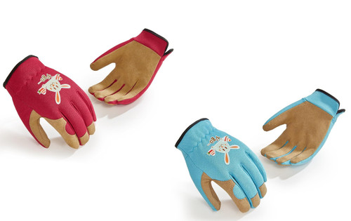 Cute Bunny Rabbit Kids Garden Gloves with Synthetic Palm Blue or Red