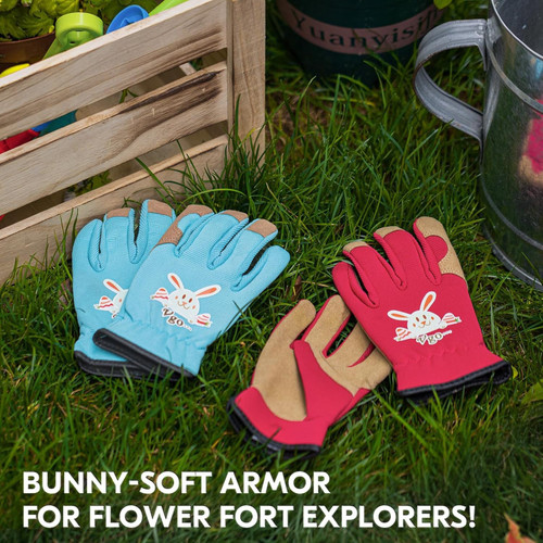 Cute Bunny Rabbit Kids Garden Gloves with Synthetic Palm Blue or Red