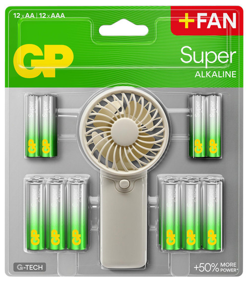 GP Battery Pack 12 X AA and 12 AAA Batteries with Handheld Fan