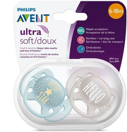 Philips Avent Ultra Soft Dummy /Soother 6-18 M Little Star / Hello Blue/ Grey