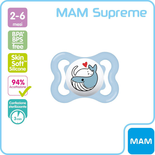 MAM Supreme Silicone Dummy Soother 2-6 Months, Light Blue