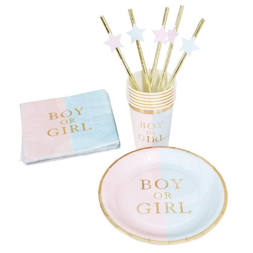 Baby Gender Reveal Party Pack, 6 Paper Cups, 6 Plates, 6 Serviettes and 6 Straws