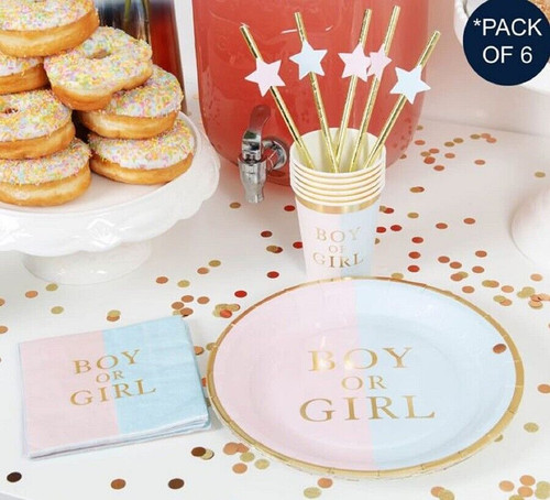 Baby Gender Reveal Party Pack, 6 Paper Cups, 6 Plates, 6 Serviettes and 6 Straws