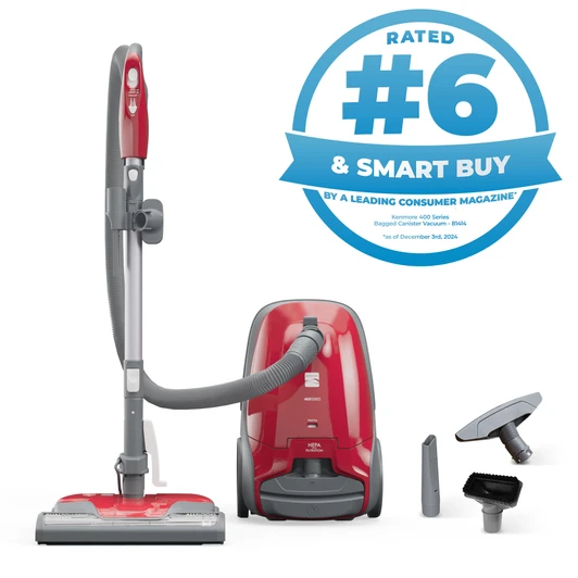 Red 81414 canister vacuum with accessories on a white background