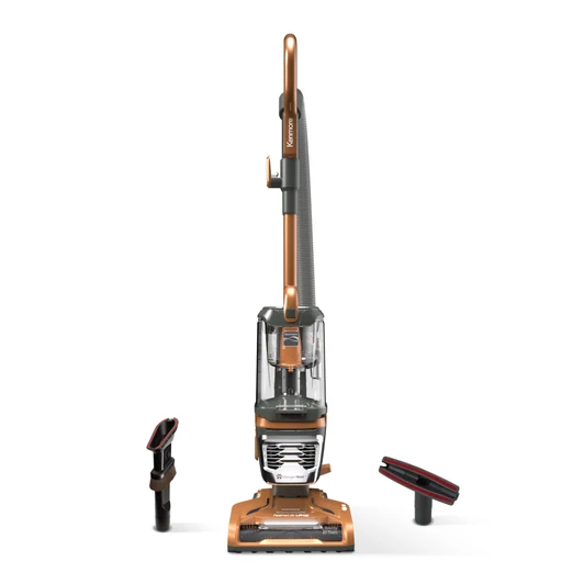 Orange upright vacuum and accessories on a white background
