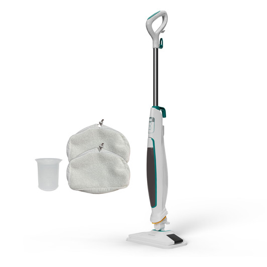 A steam mop, two mop pads, and a measuring cup are shown on a white background.