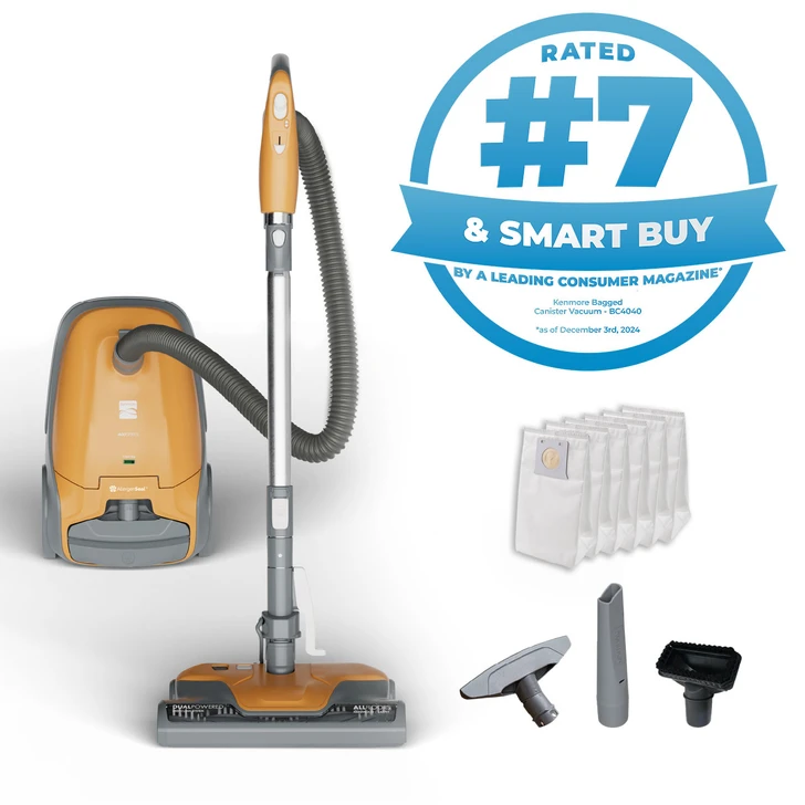 Orange canister vacuum with accessories on a white background. A badge that reads rated #7 and smart buy by a leading consumer magazine.