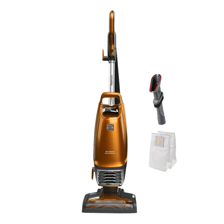 A red upright vacuum with accessories on a white background