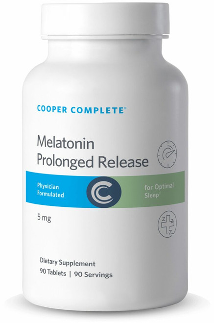Photo of Cooper Complete 5 mg Melatonin Prolonged Release Supplement bottle.