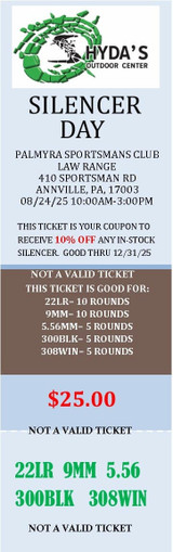SILENCER DAY TICKET INCLUDES 22 LR, 9MM, 5.56, 300 BLK, & 308 WIN