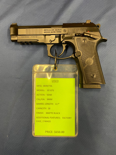 USED BERETTA 92 GTS, 9MM, 4.7" BBL, MATTE BLACK 15222