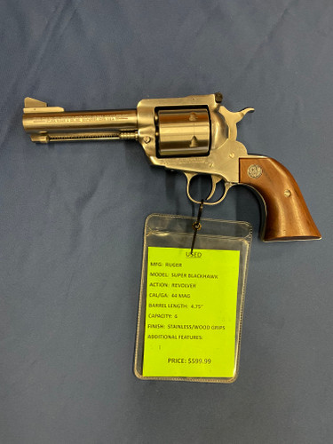 USED RUGER SUPER BLACKHAWK, 44 MAG, 4.75", STAINLESS/WOOD GRIPS, 15664