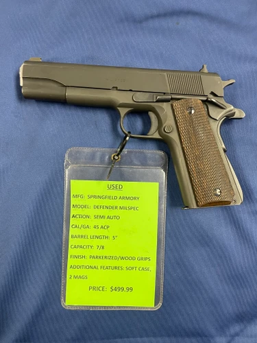 USED SPRINGFIELD ARMORY DEFENDER MIL SPEC, 45 ACP, 5", PARKERIZED/WOOD GRIPS, 16