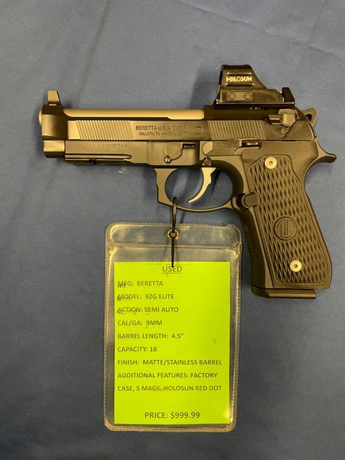 USED BERETTA 92G ELITE, 9MM, 4.5", MATTE/G10 GRIPS/SS BARREL, 15294