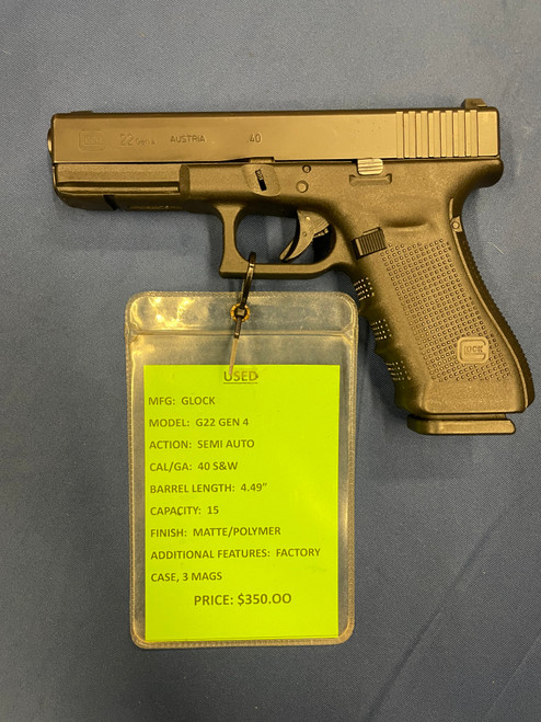 USED GLOCK G22 GEN 4, 40 S&W, 4.49", MATTE/POLYMER, 15756