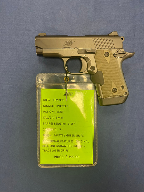 USED KIMBER MICRO 9 9MM, 3.15" , MATTE / GREEN GRIPS 16123