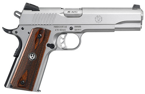 RUGER SR1911 45 ACP 5" STAINLESS, WOOD GRIPS RUG6700