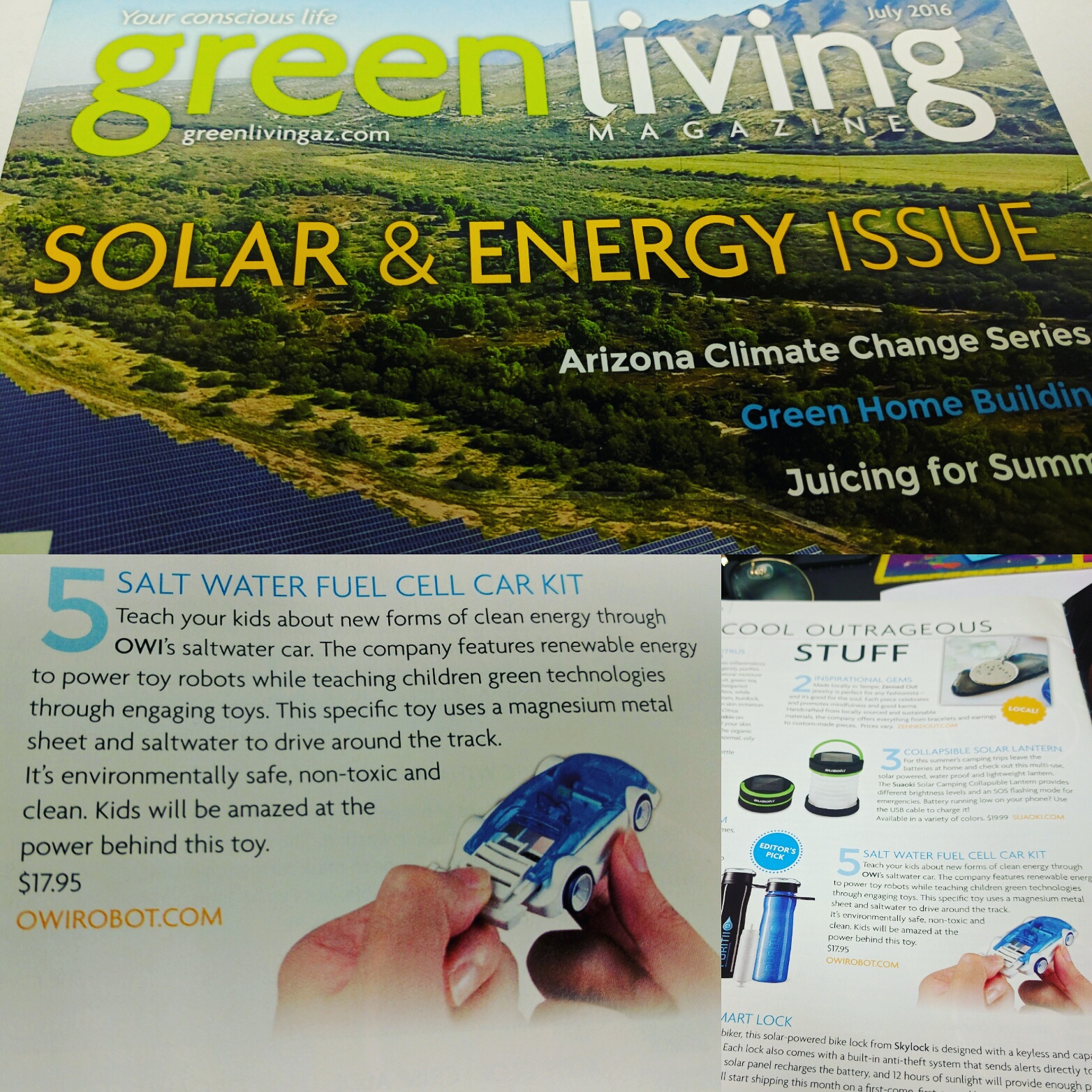 Salt Water Fuel Cell Car Kit in Green Living Magazine OWI Inc. dba