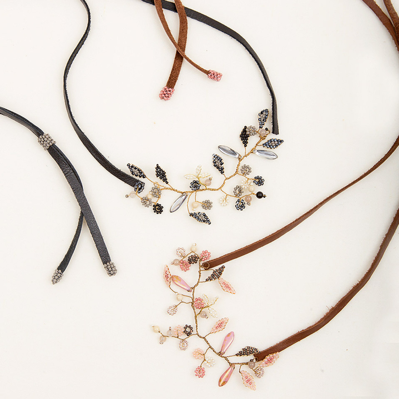 Beaded Wire & Leather Flower Headband