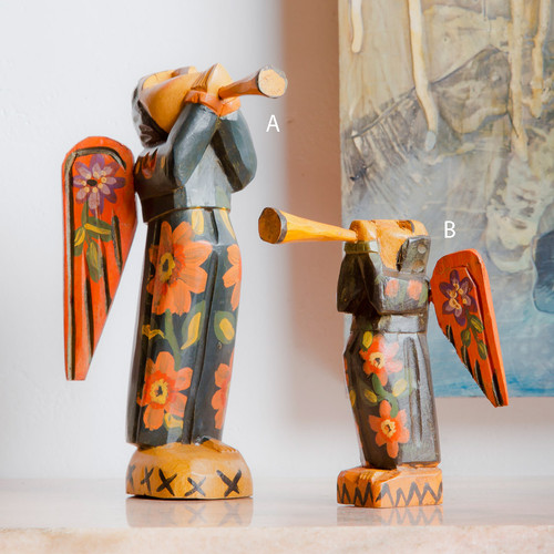 Handcarved Wooden Trumpet Angels