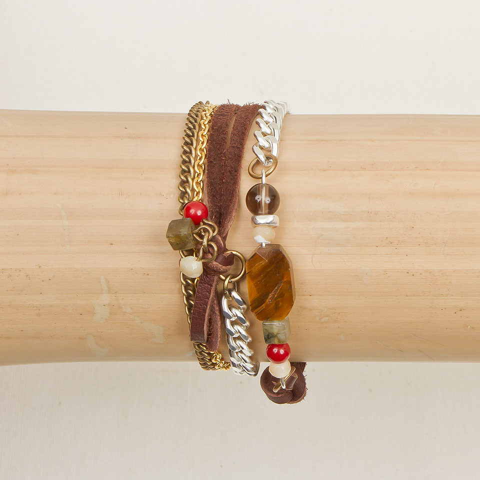 Guatemalan Multi Chain, Leather & Stone Bracelet Handmade Fair Trade