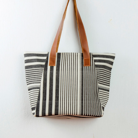 Guatemalan Black & White Handwoven Cotton Tote with leather straps ...