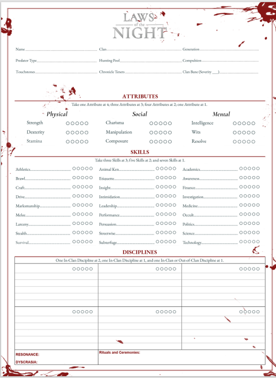 Laws of the Night Character sheet