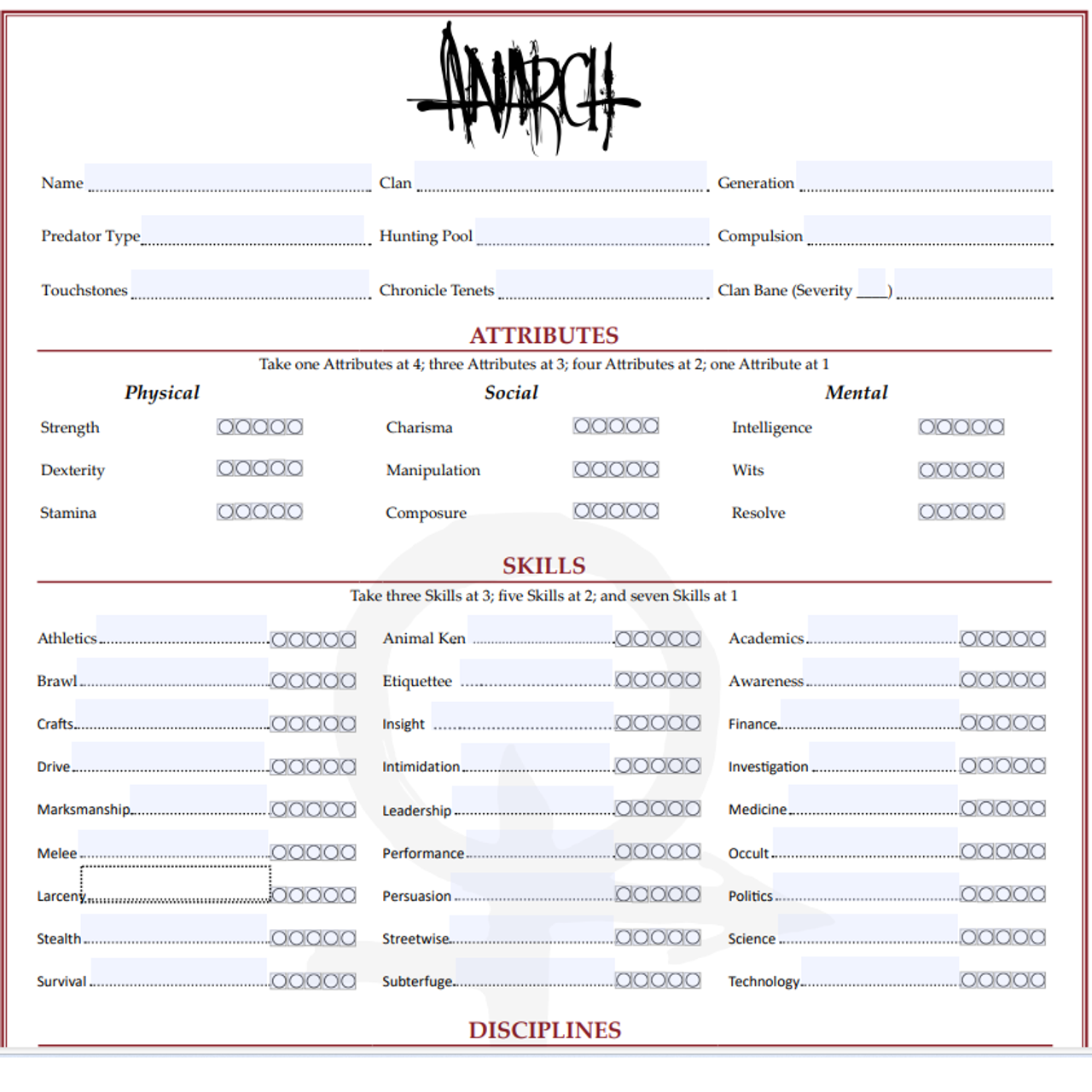 Anarch Laws of the Night Character sheet