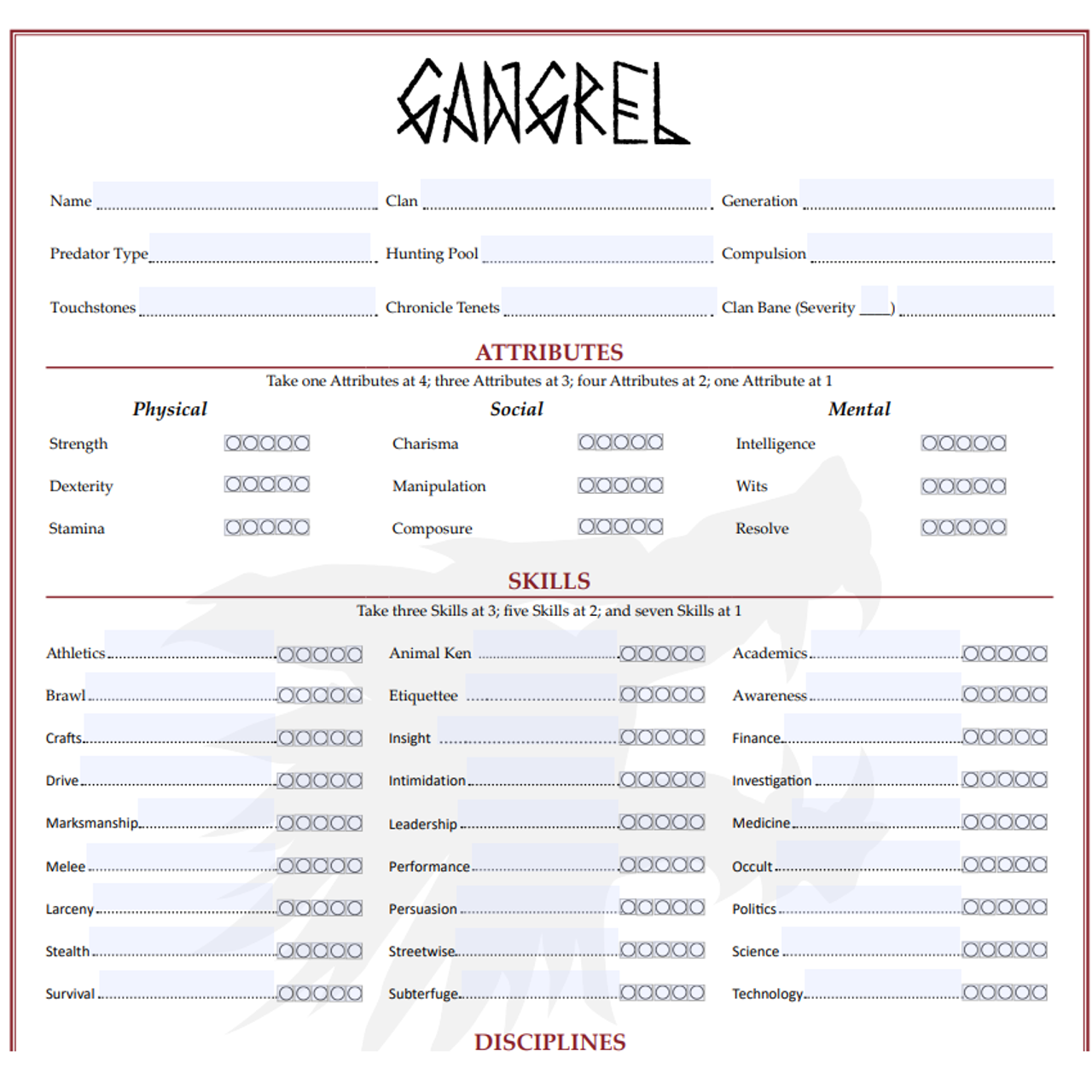 Gangrel Laws of the Night Character sheet