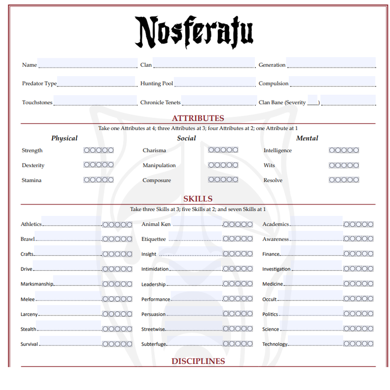 Nosferatu Laws of the Night Character sheet