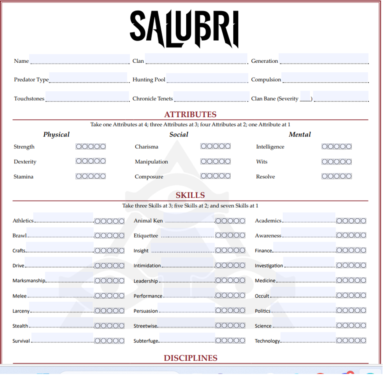 Salubri Laws of the Night Character sheet