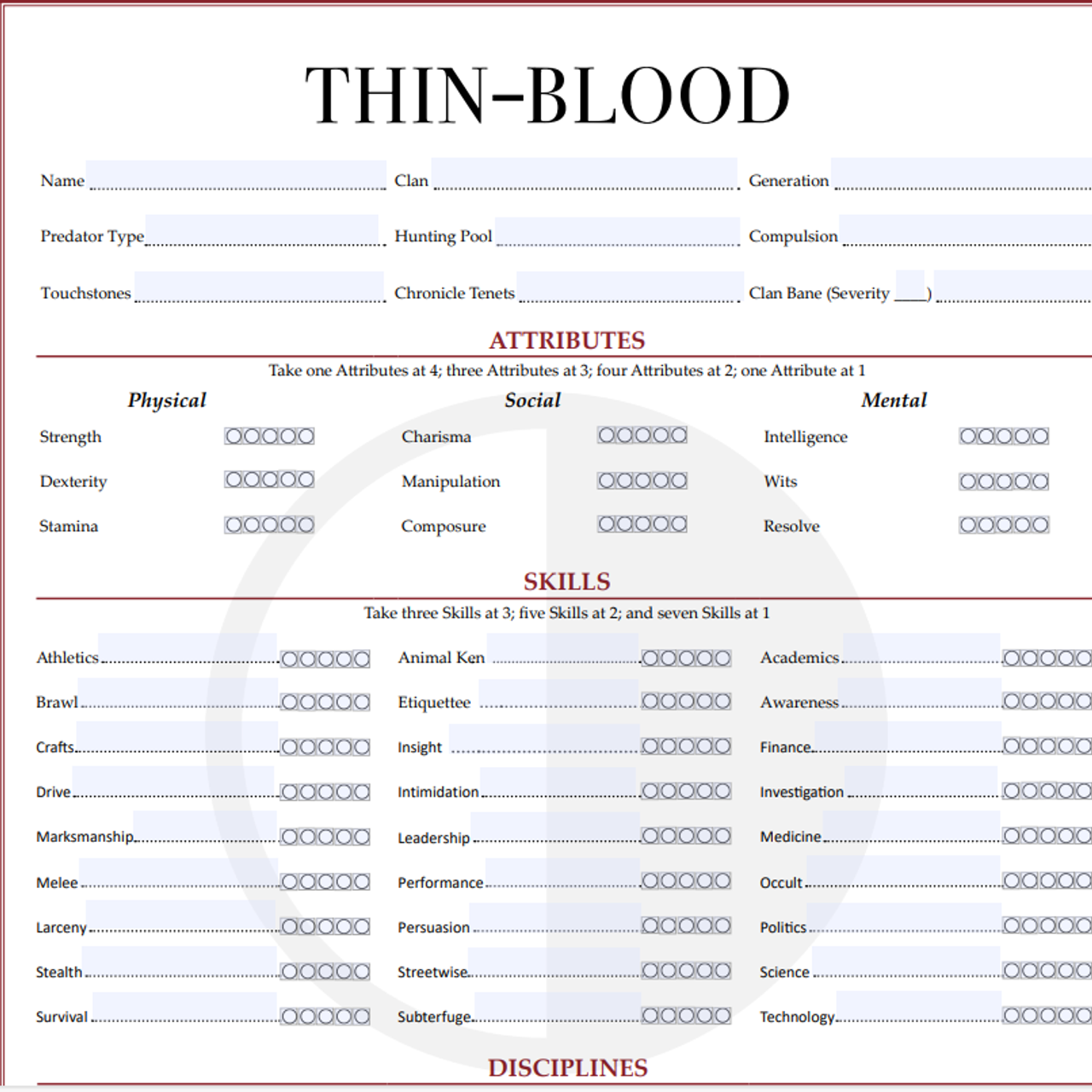 Laws of the Night Character sheet