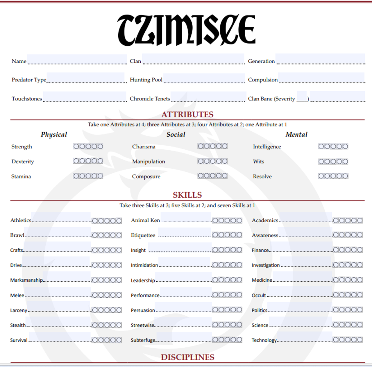 Tzimisce Laws of the Night Character sheet