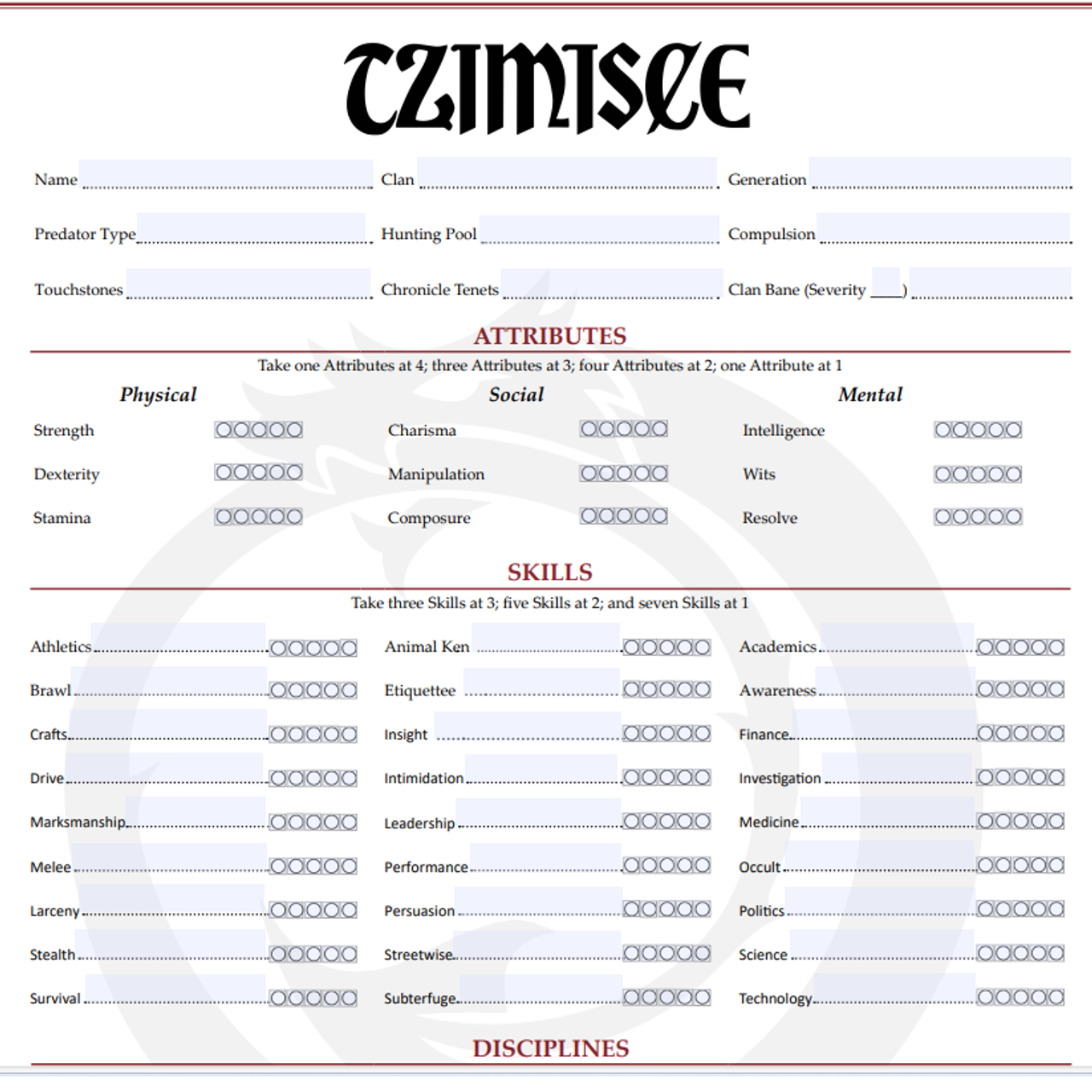 Gangrel Laws of the Night Character sheet