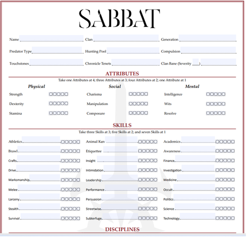 Sabbat Laws of the Night Character sheet