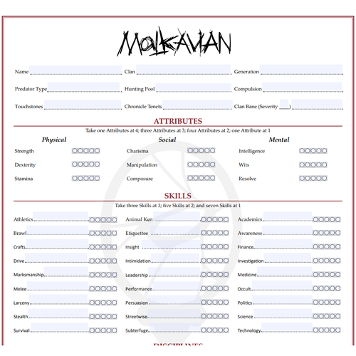 Malkavian Laws of the Night Character sheet
