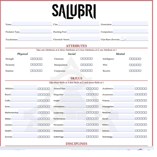 Laws of the Night Character sheet