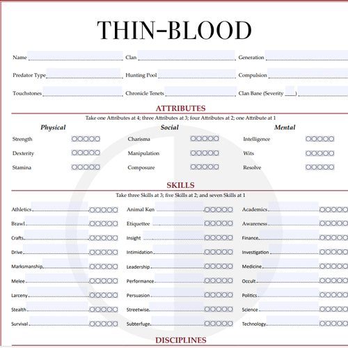 Thin Blood Laws of the Night Character sheet