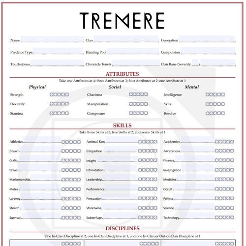 Tremere Laws of the Night Character sheet