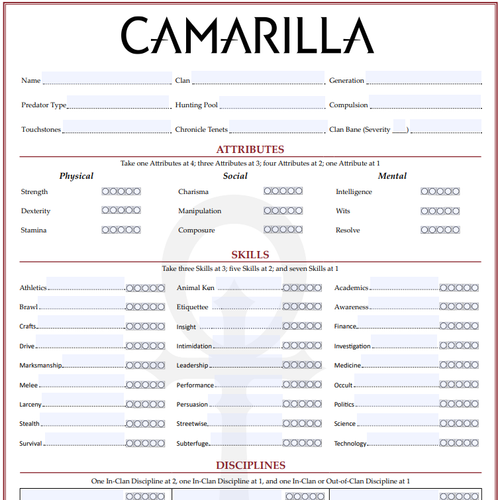 Camarilla Laws of the Night Character sheet