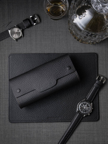 Black leather watch roll